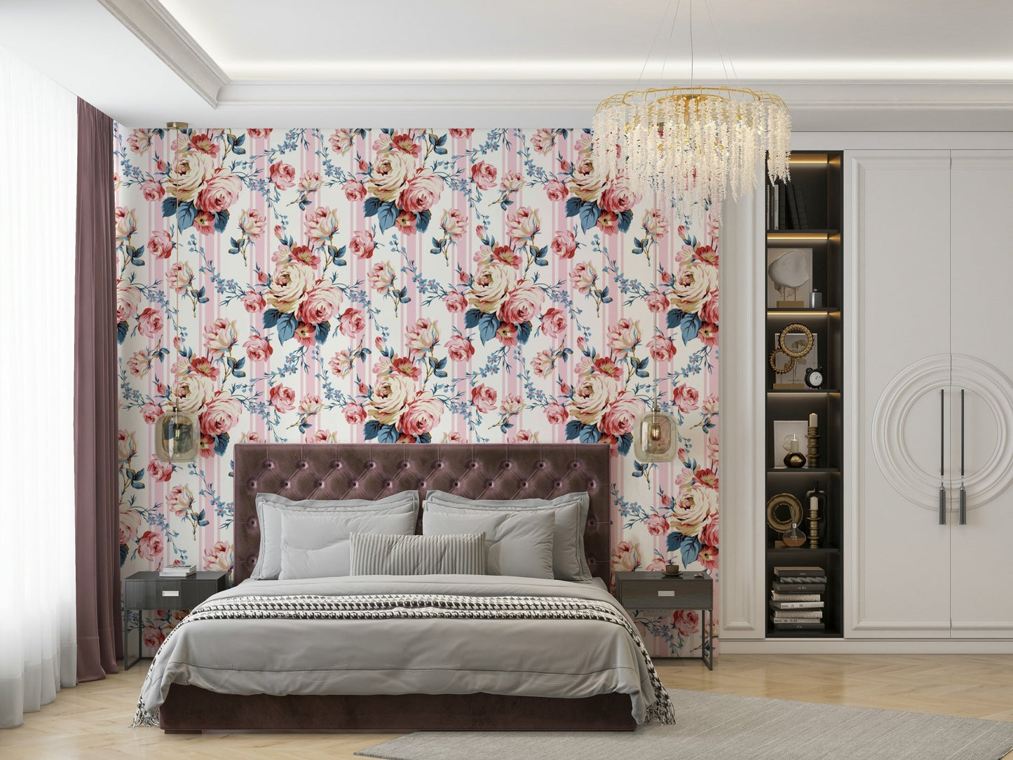 Pink rose mural with vertical stripe pattern

