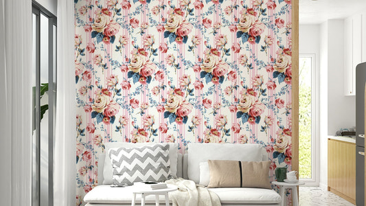 Soft rose and stripe wall mural close-up

