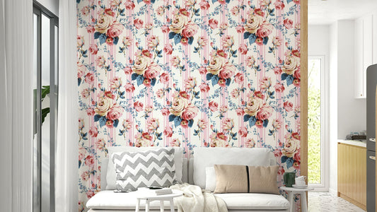 Soft rose and stripe wall mural close-up

