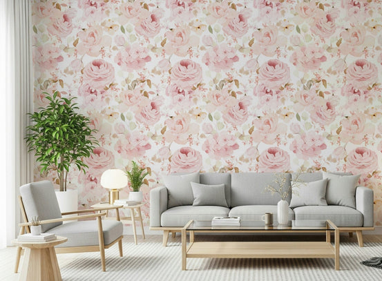 Blush Rose Summer Garden wall mural soft pink flowers, GD7206