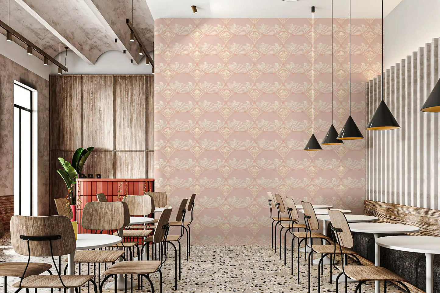 Intricate geometric shells appear on the Blush Shell and Wave Pattern Wallpaper.