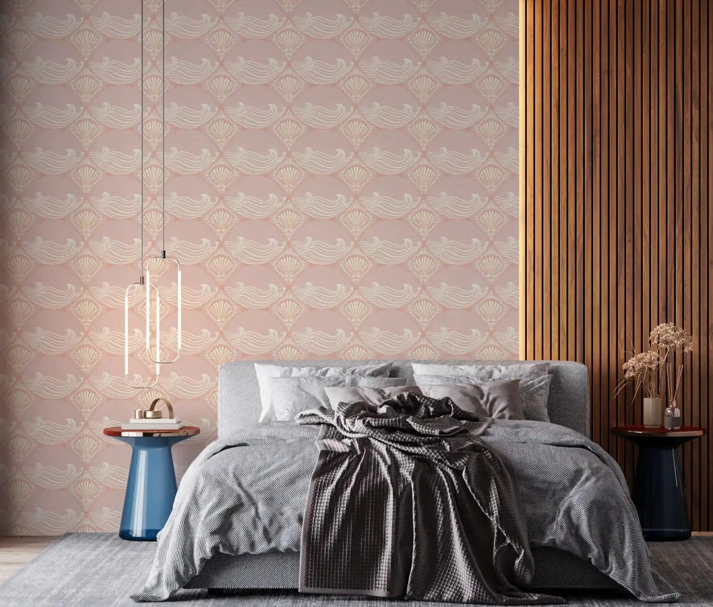 Peaceful bedroom displaying the Blush Shell and Wave Pattern Wallpaper .