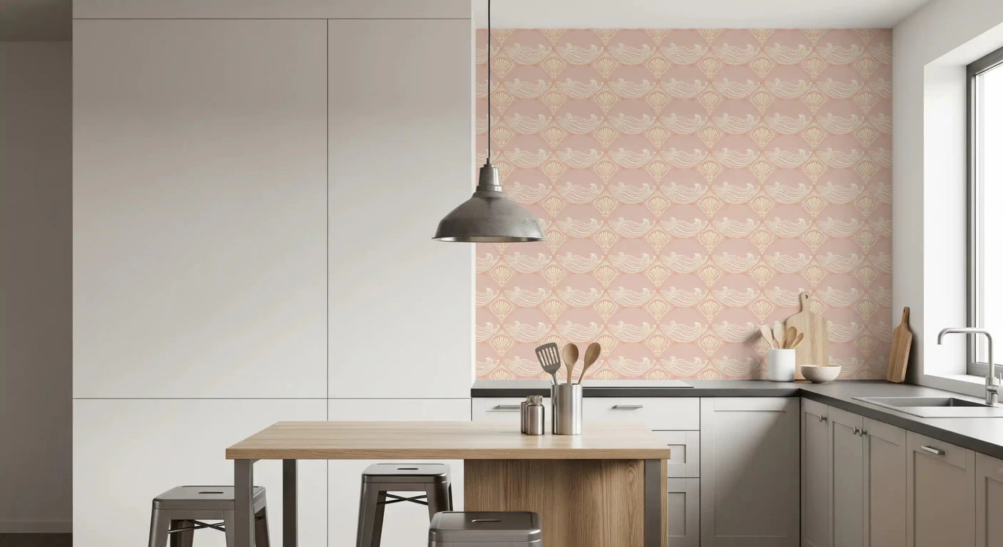 This kitchen features the stylish Blush Shell and Wave Pattern Wallpaper.