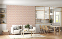 Minimalist dining room accented with a Blush Shell and Wave Pattern Wallpaper.