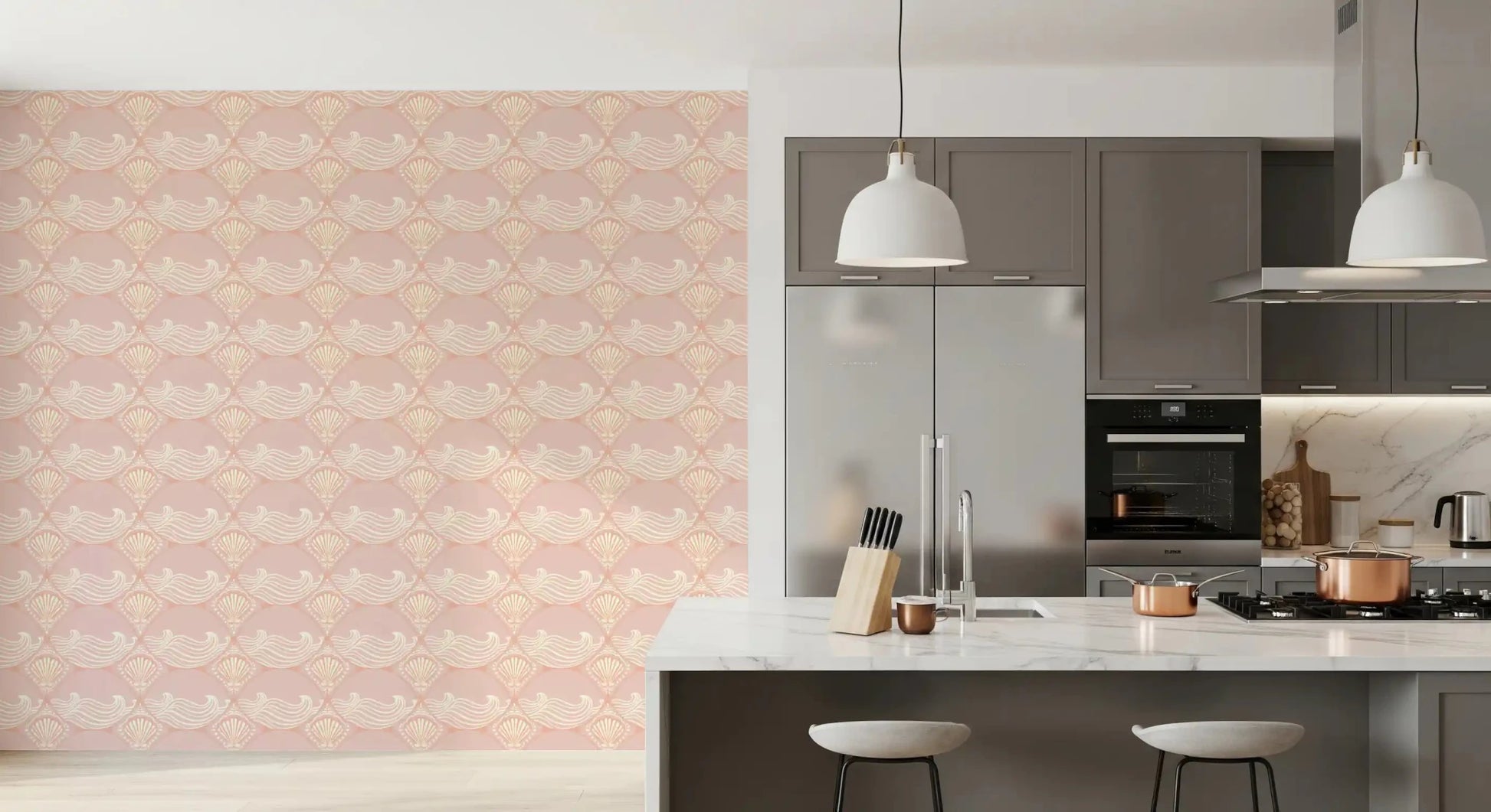 Waves flow seamlessly across this high quality Blush Shell and Wave Pattern Wallpaper.