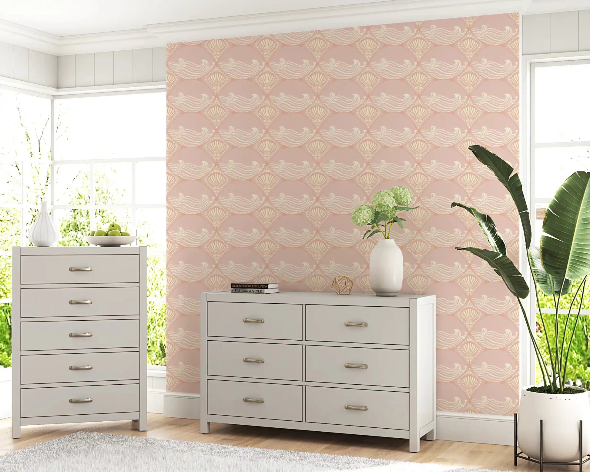 Coastal living room featuring the Blush Shell and Wave Pattern Wallpaper.