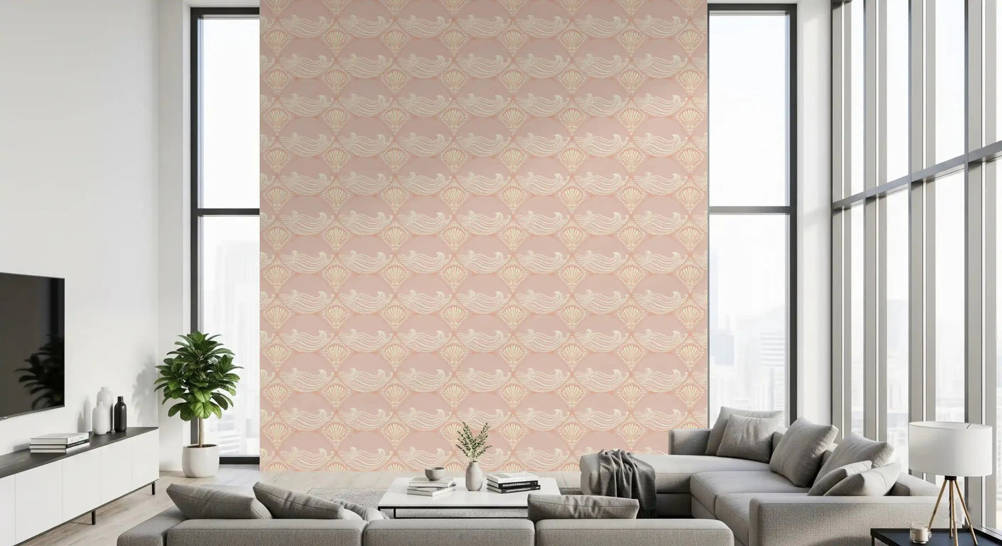 Cheerful Living room highlighting the Blush Shell and Wave Pattern Wallpaper.