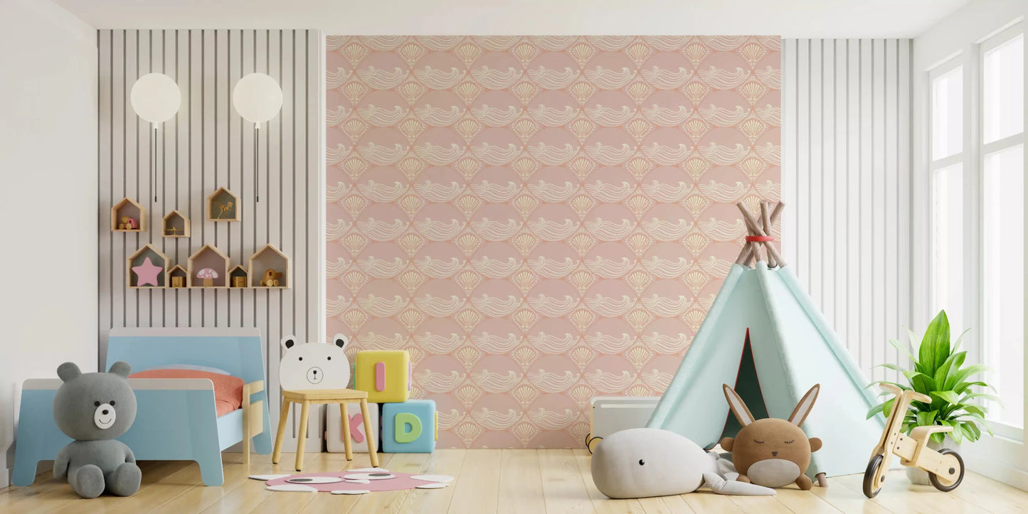 Delicate pastel tones define the look of the Blush Shell and Wave Pattern Wallpaper.