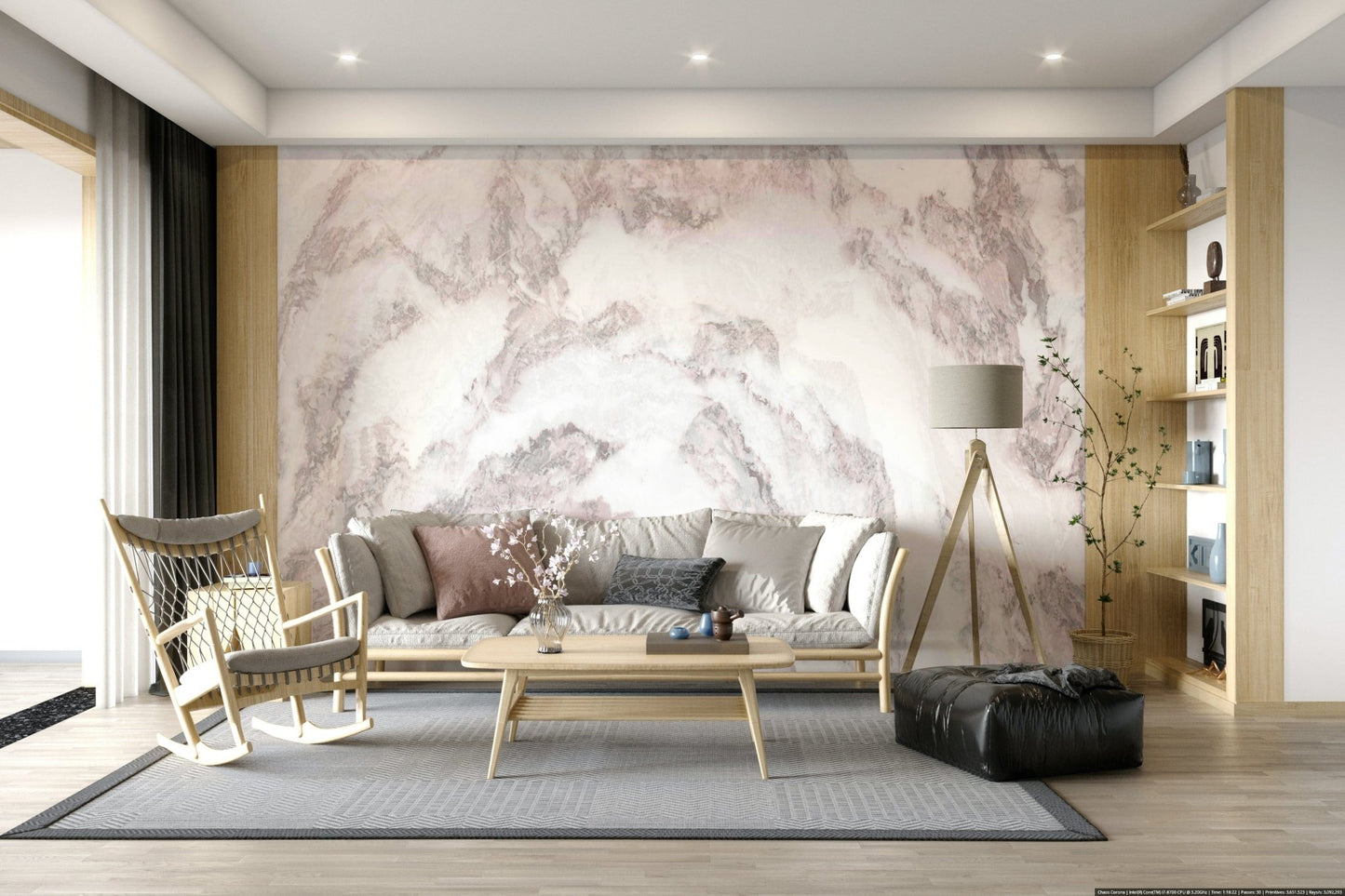 Blush stone wallpaper in a minimalist hallway.