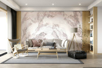 Blush stone wallpaper in a minimalist hallway.