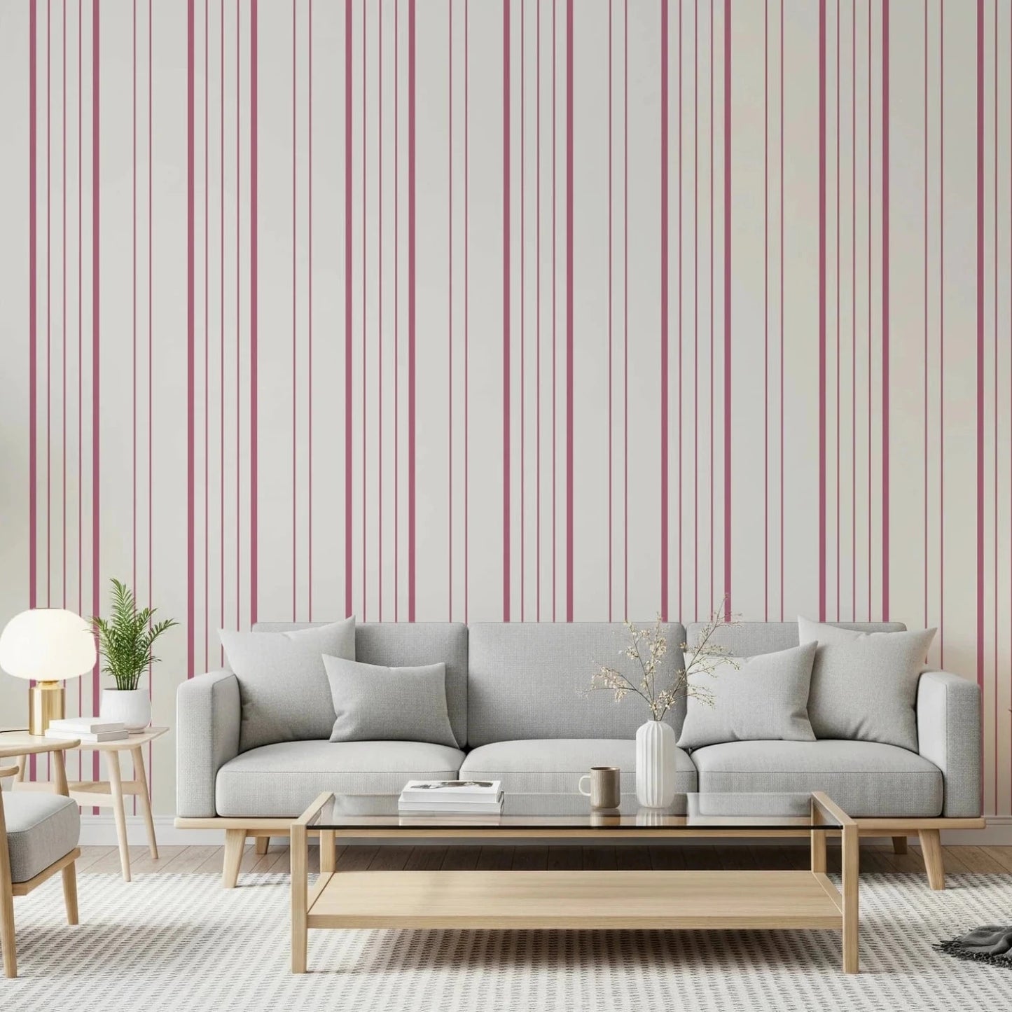 Modern living room with blush stripe wallpaper and clean structured wall design, GD8224
