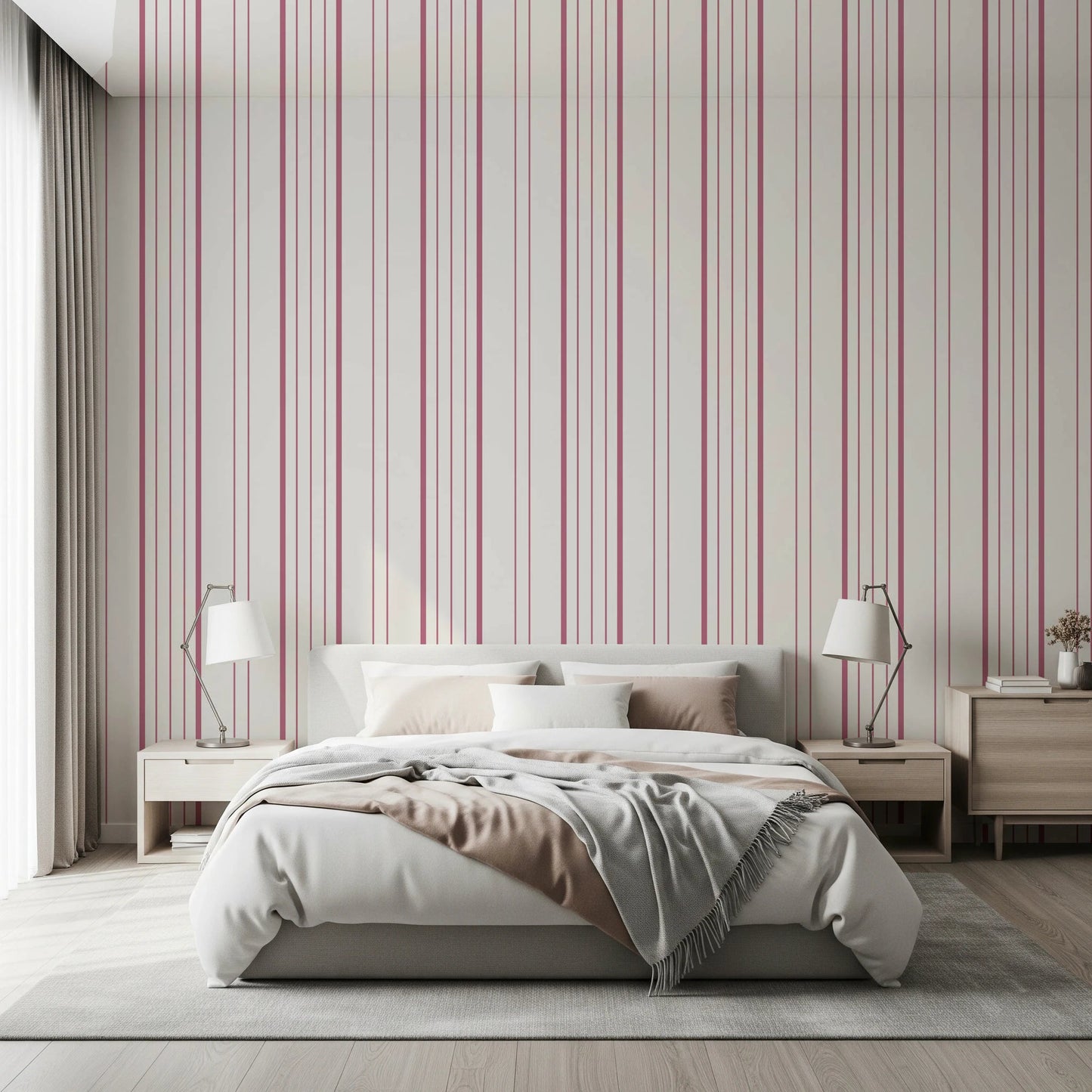 Bedroom interior finished with Blush Stripes Wallpaper and gentle vertical lines, GD8224