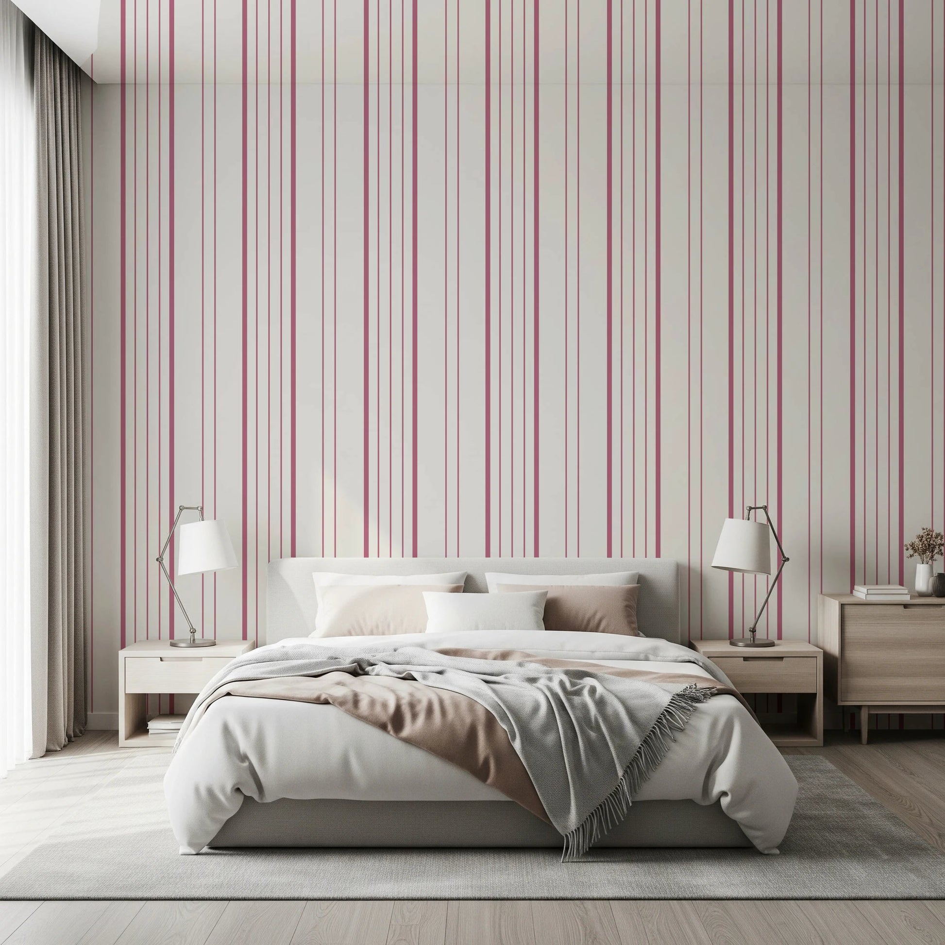Bedroom interior finished with Blush Stripes Wallpaper and gentle vertical lines, GD8224