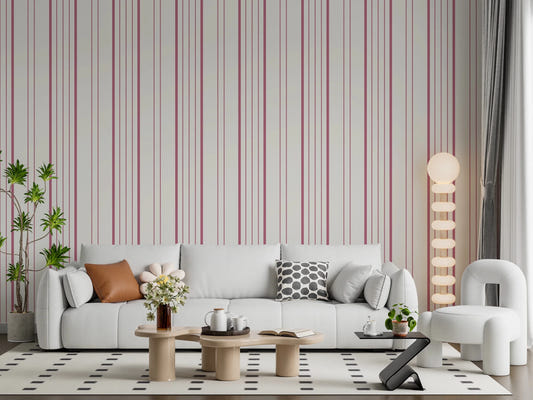 Living room styled with Blush Stripes Wallpaper and soft pink vertical line pattern
