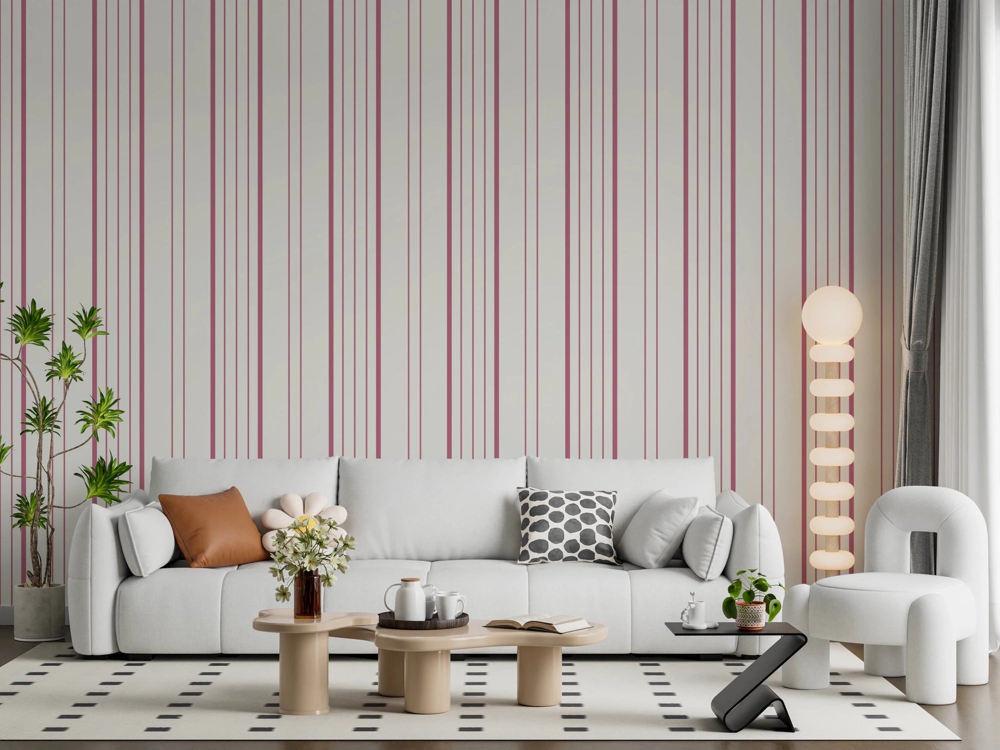 Living room styled with Blush Stripes Wallpaper and soft pink vertical line pattern, GD8224