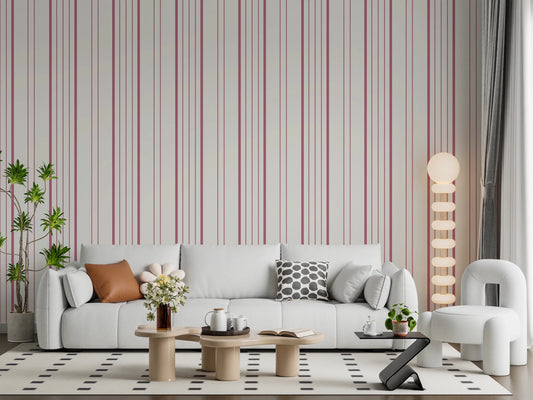 Living room styled with Blush Stripes Wallpaper and soft pink vertical line pattern