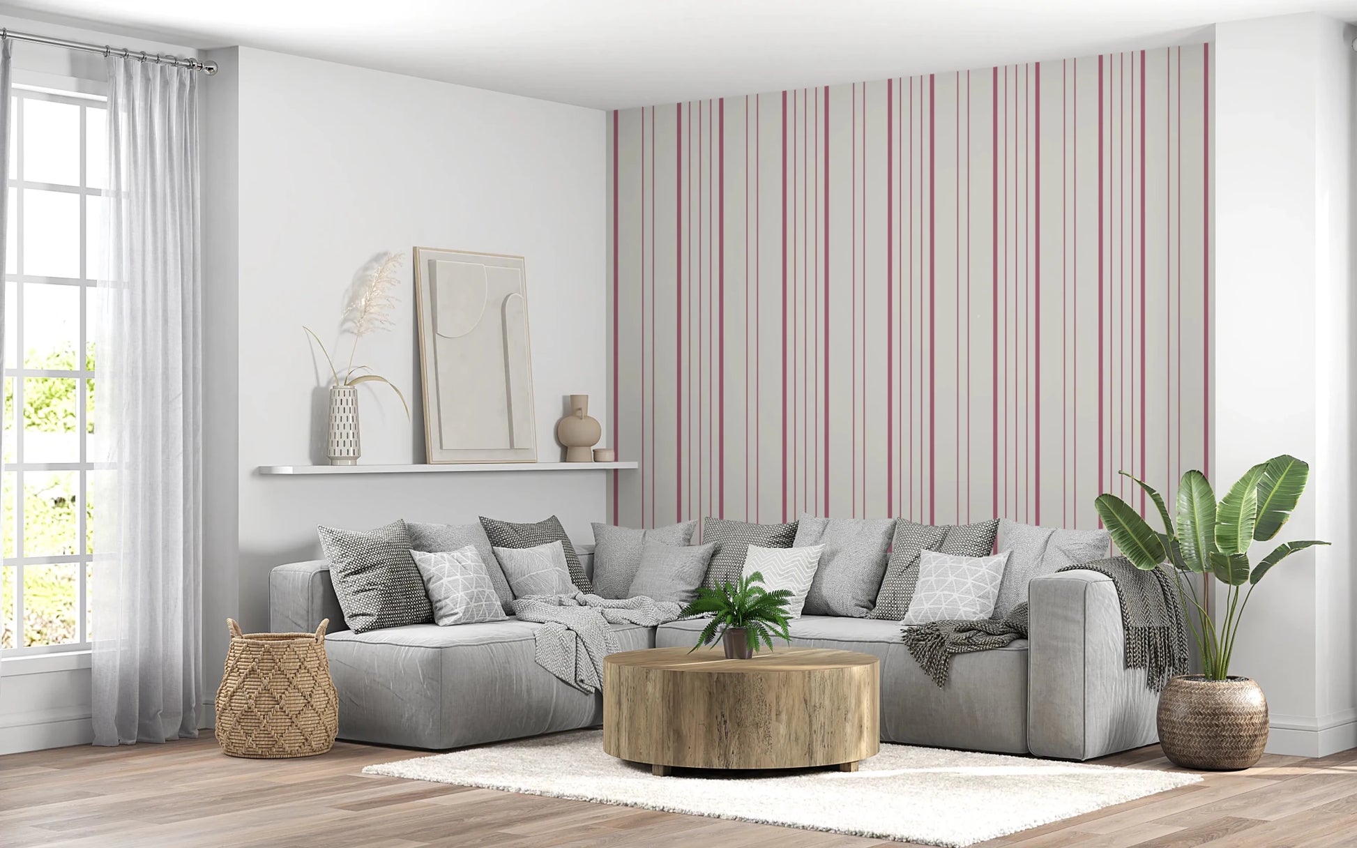 Relaxed living area with Blush Stripes Wallpaper and light modern styling, GD8224