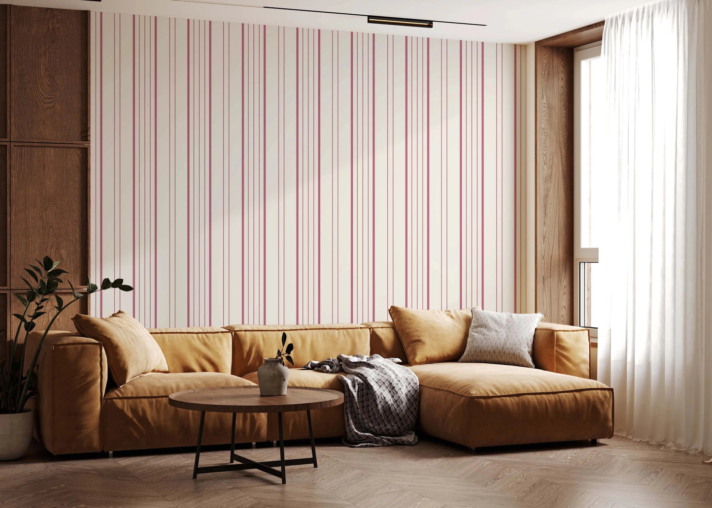 Warm lounge space featuring blush stripe wallpaper with cozy neutral seating, GD8224
