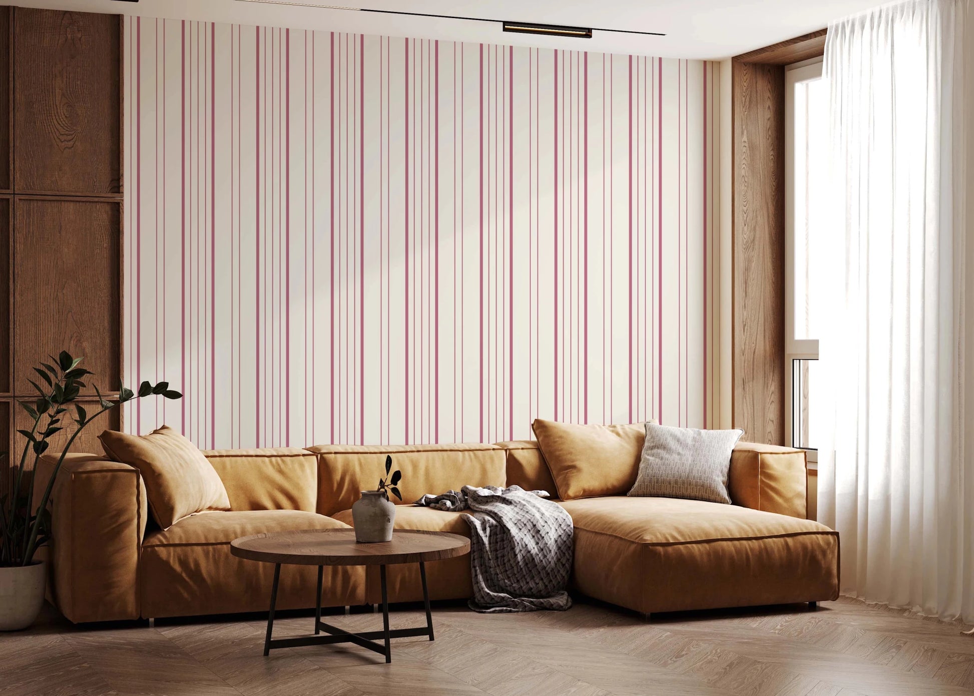 Warm lounge space featuring blush stripe wallpaper with cozy neutral seating, GD8224