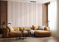 Warm lounge space featuring blush stripe wallpaper with cozy neutral seating, GD8224