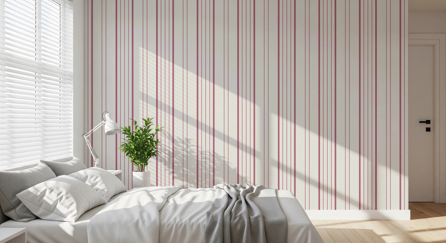 Bright bedroom styled using blush stripe wallpaper with subtle pink tones, GD8224