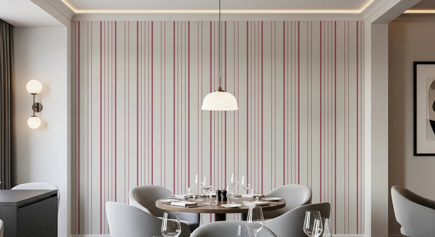 Dining space designed with blush stripe wallpaper and soft vertical accents, GD8224