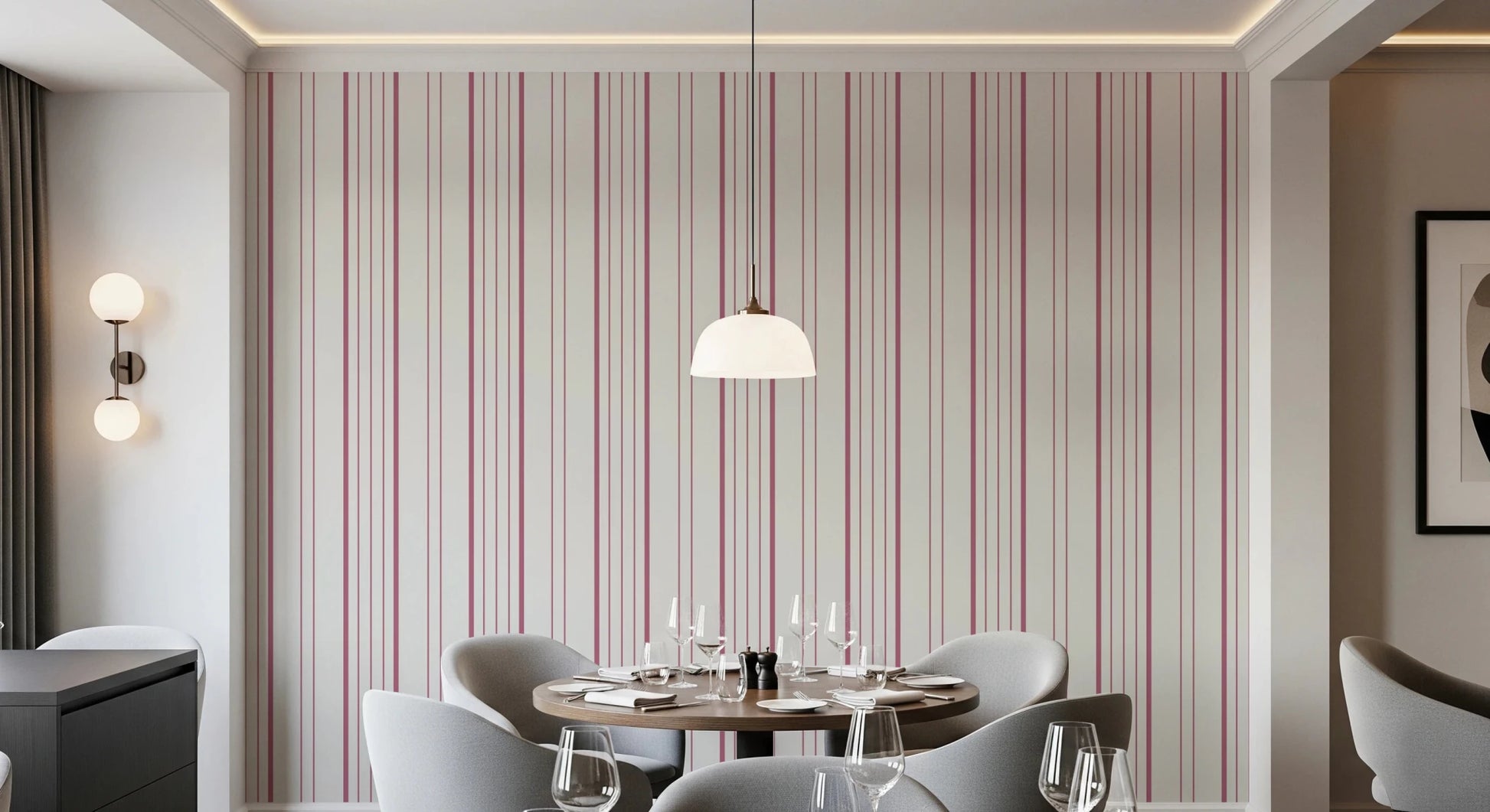 Dining space designed with blush stripe wallpaper and soft vertical accents, GD8224