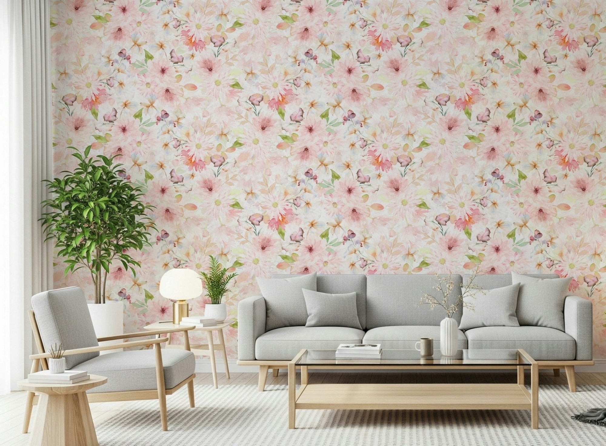 Soft light in a Living room meets blush bloom wallpaper with airy watercolor petals around, GD7168
