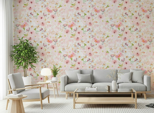 Soft light in a Living room meets blush bloom wallpaper with airy watercolor petals around