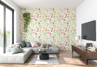 Elegant meadow flower wall mural in muted blush and green tones.