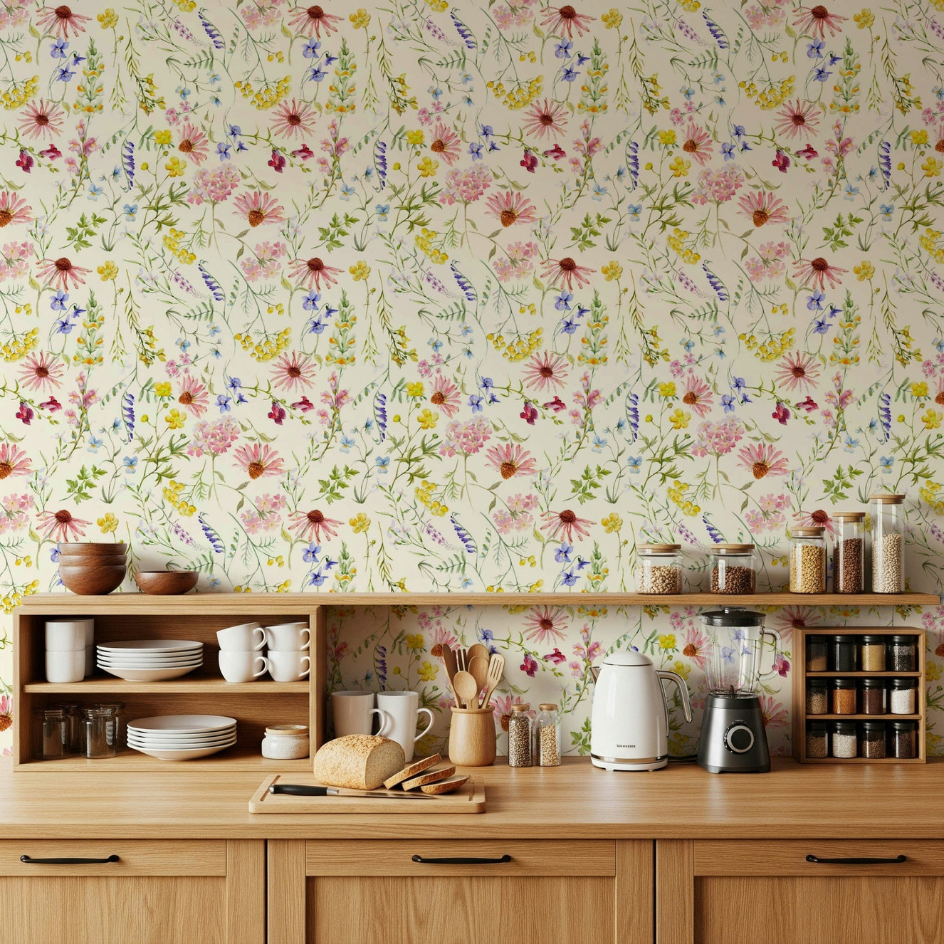 Blush wildflower meadow wall mural with a gentle cottagecore aesthetic.