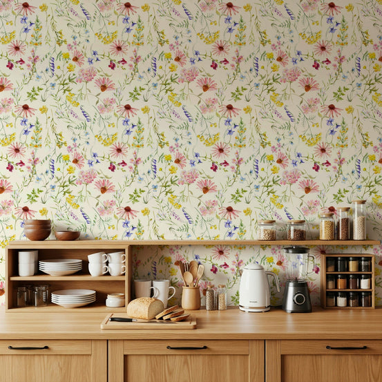 Blush wildflower meadow wall mural with a gentle cottagecore aesthetic., GD7640