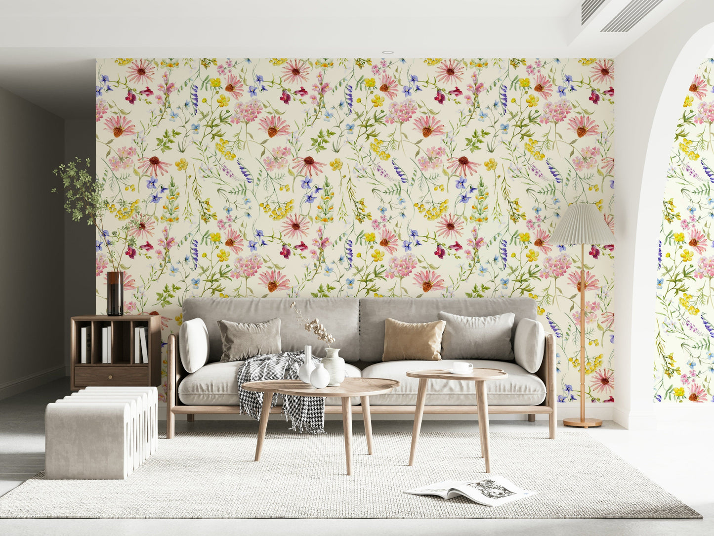Delicate floral wallpaper featuring a dense field of blush wildflowers.
