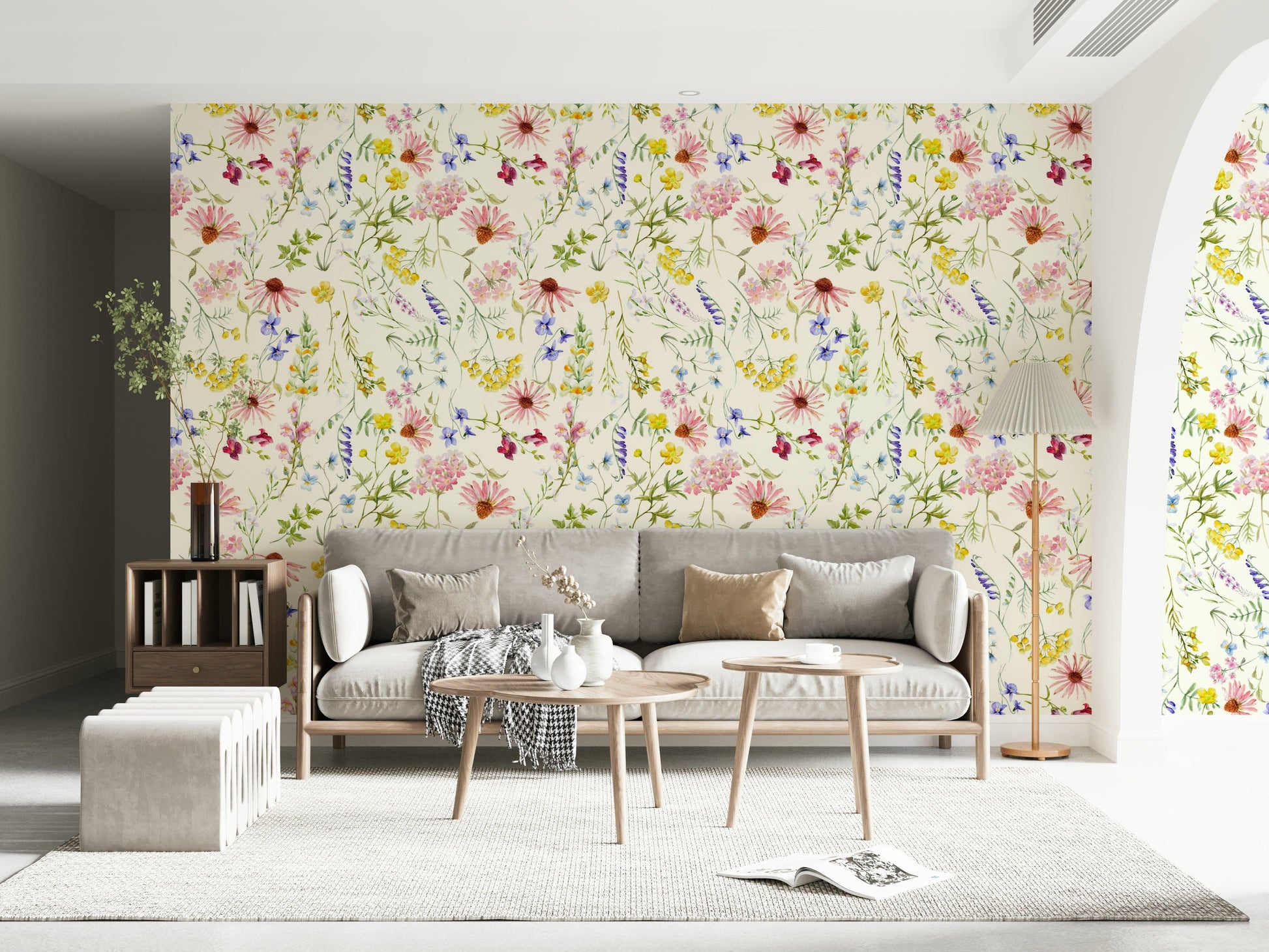 Delicate floral wallpaper featuring a dense field of blush wildflowers.