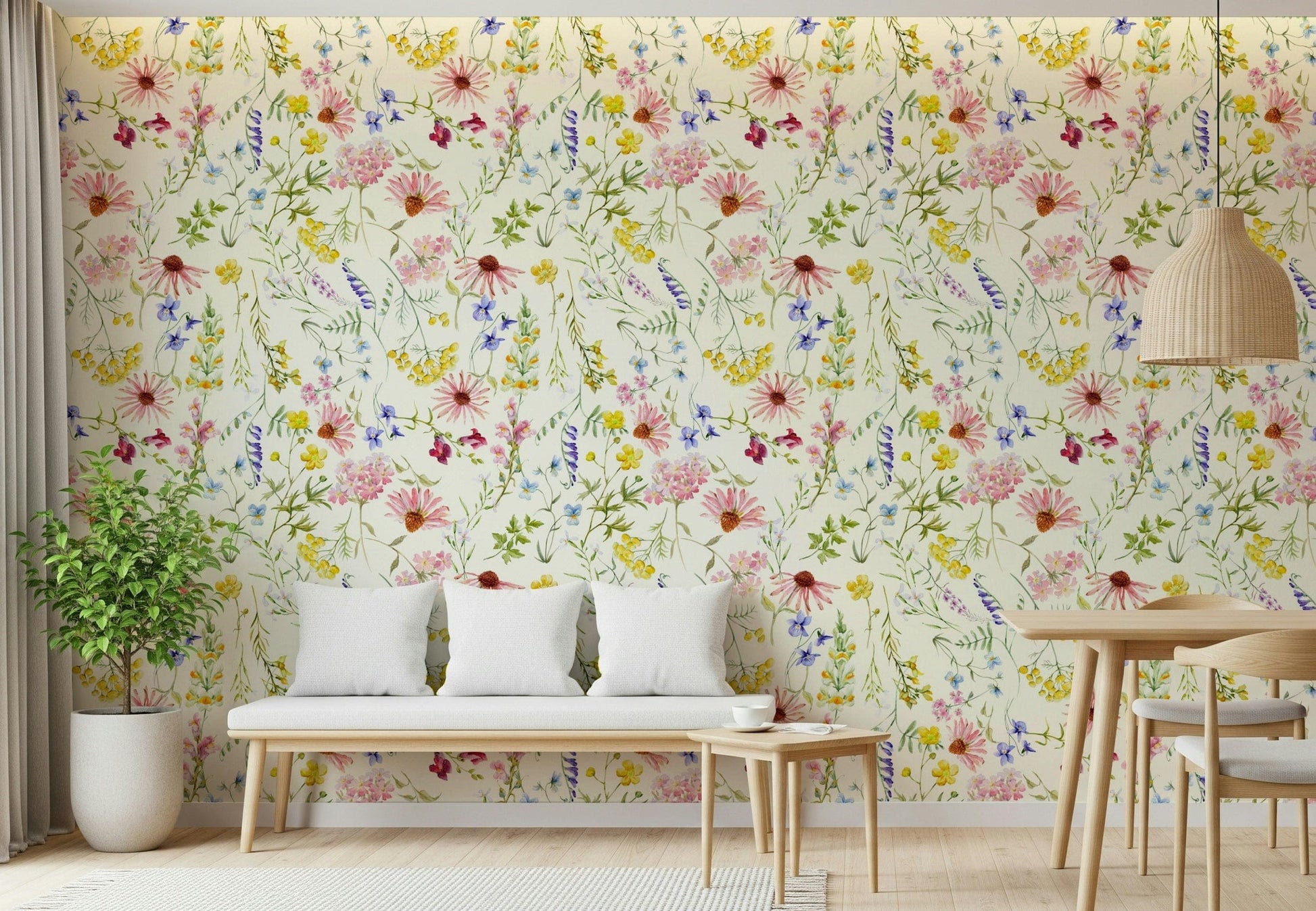 Artistic botanical wall mural depicting a serene summer flower meadow.
