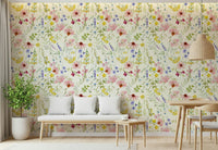 Artistic botanical wall mural depicting a serene summer flower meadow.
