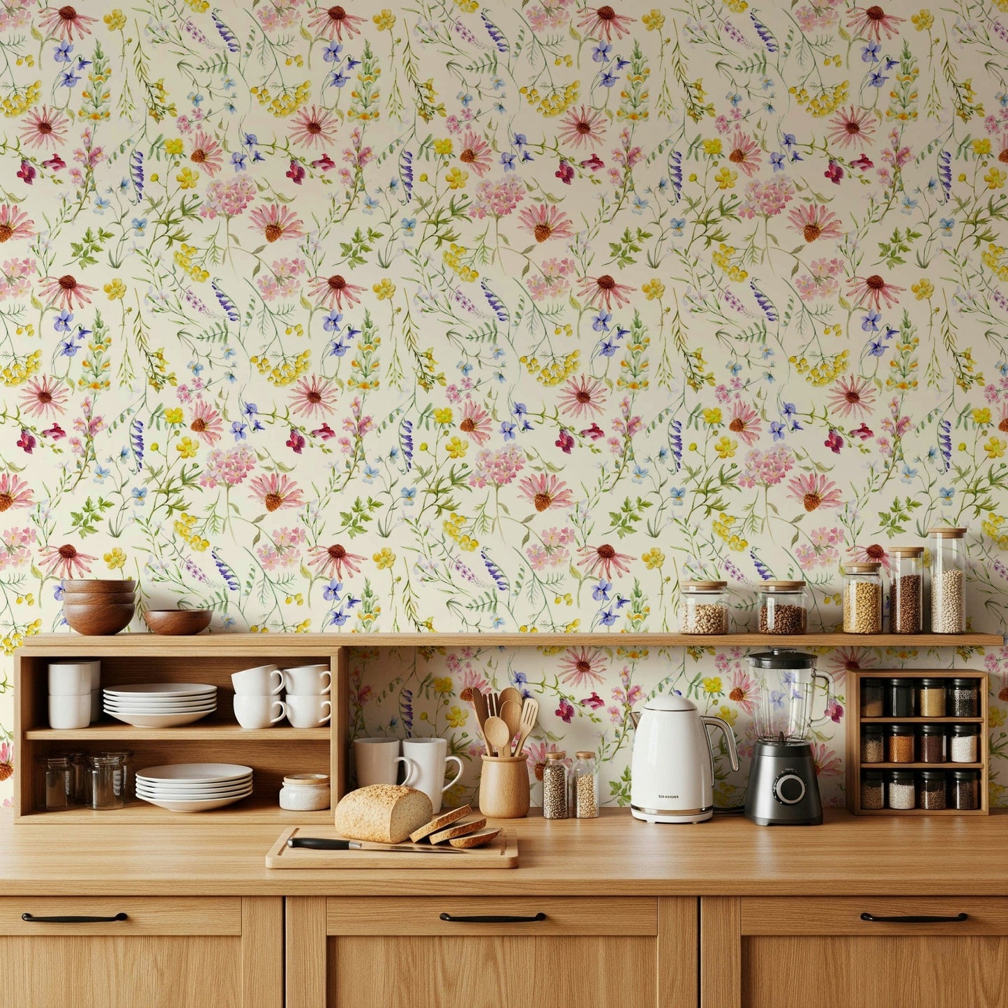 Blush wildflower meadow wall mural with a gentle cottagecore aesthetic.