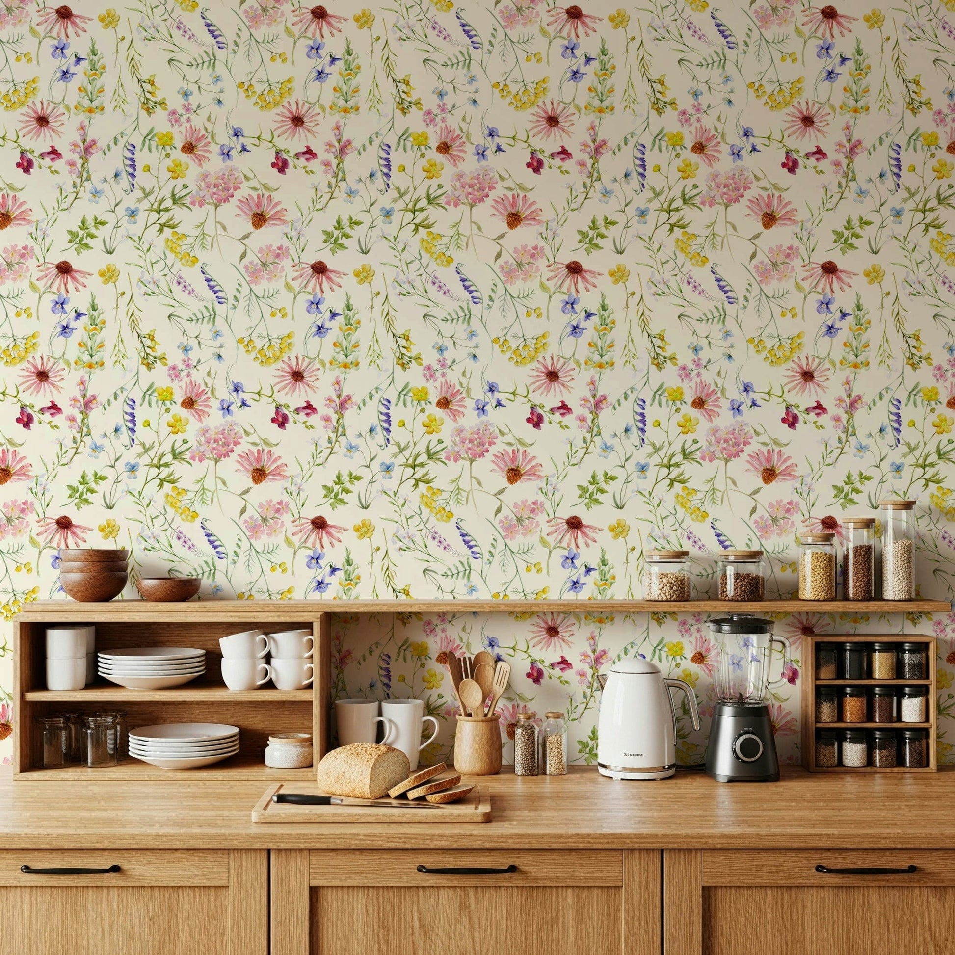 Blush wildflower meadow wall mural with a gentle cottagecore aesthetic.