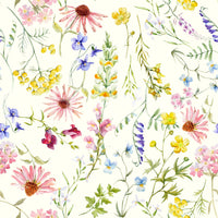 Light pink meadow wallpaper with a mix of wild grass and blossoms.