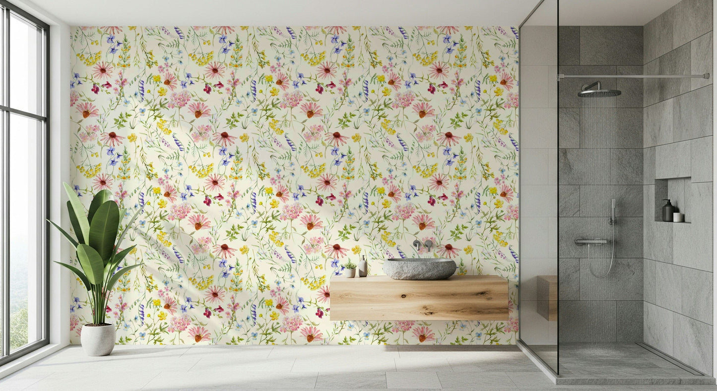 Hand-painted style wall mural featuring cream and blush meadow flowers.