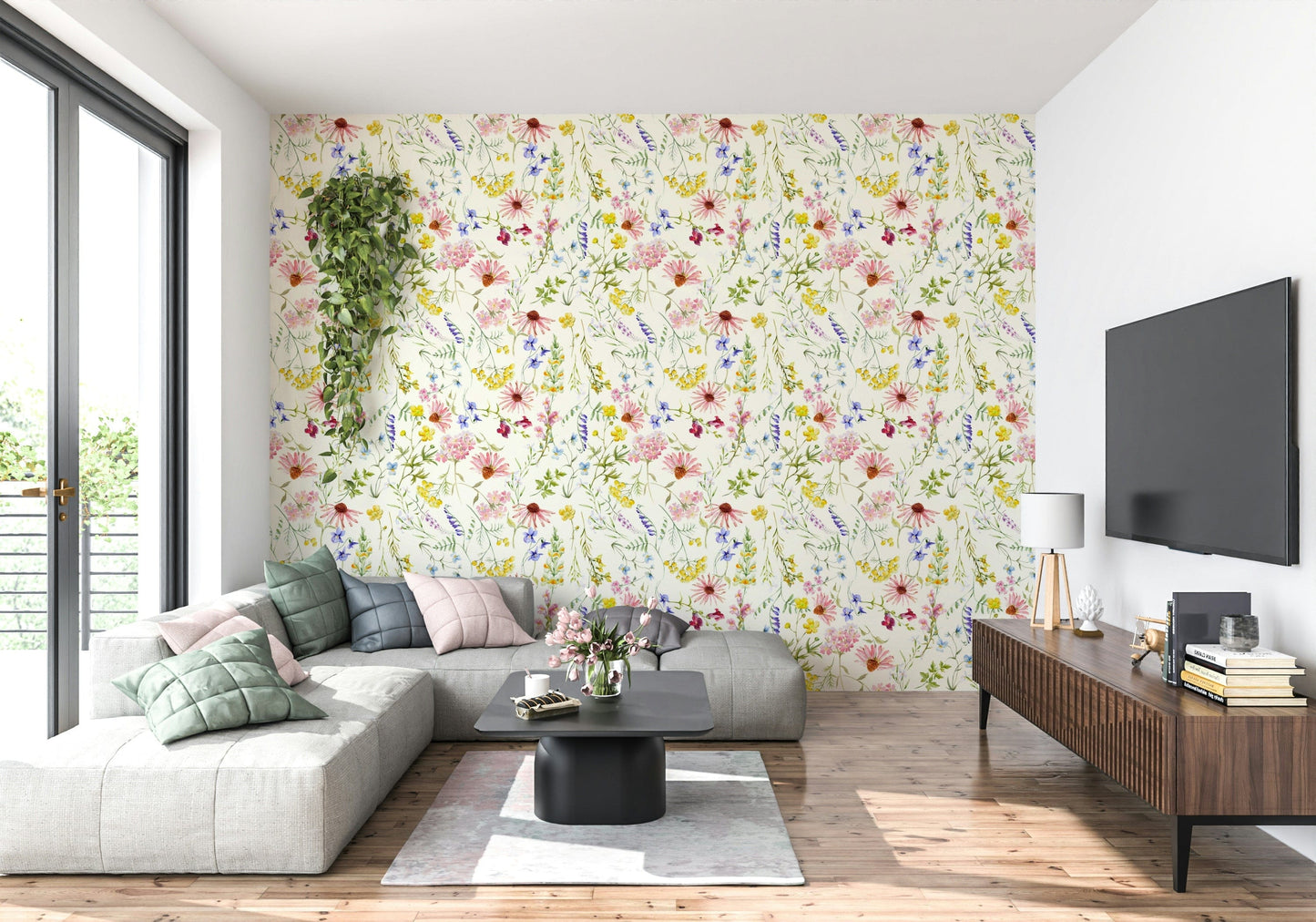 Elegant meadow flower wall mural in muted blush and green tones.