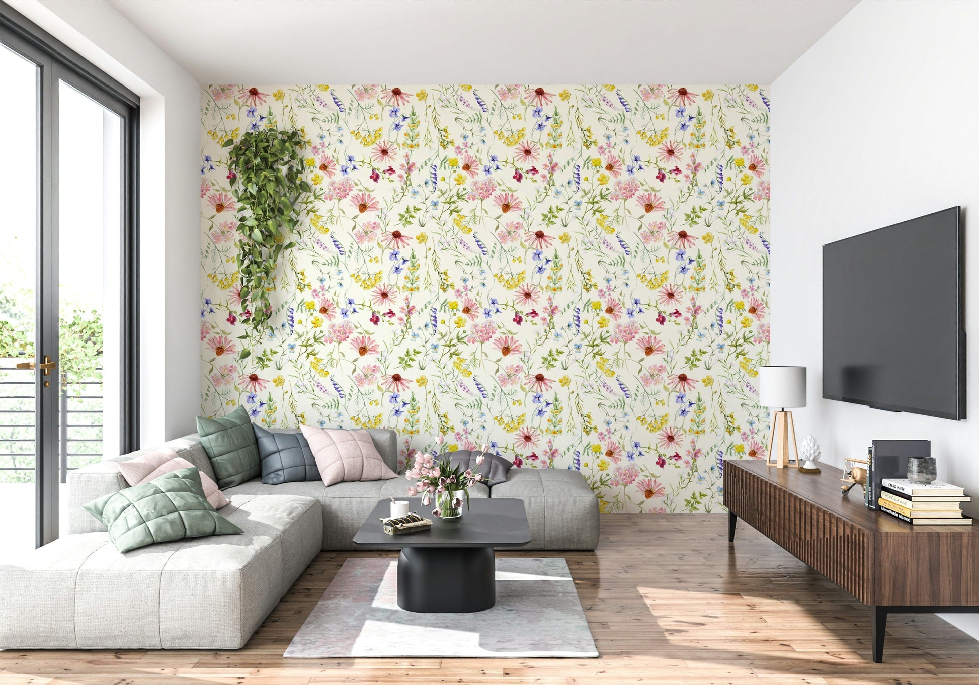 Elegant meadow flower wall mural in muted blush and green tones.