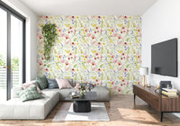 Elegant meadow flower wall mural in muted blush and green tones.