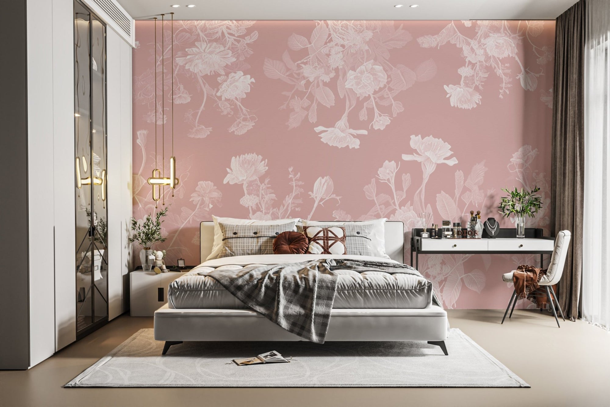 Pink flower wallpaper mural for a soft, romantic bedroom look. DTIL15