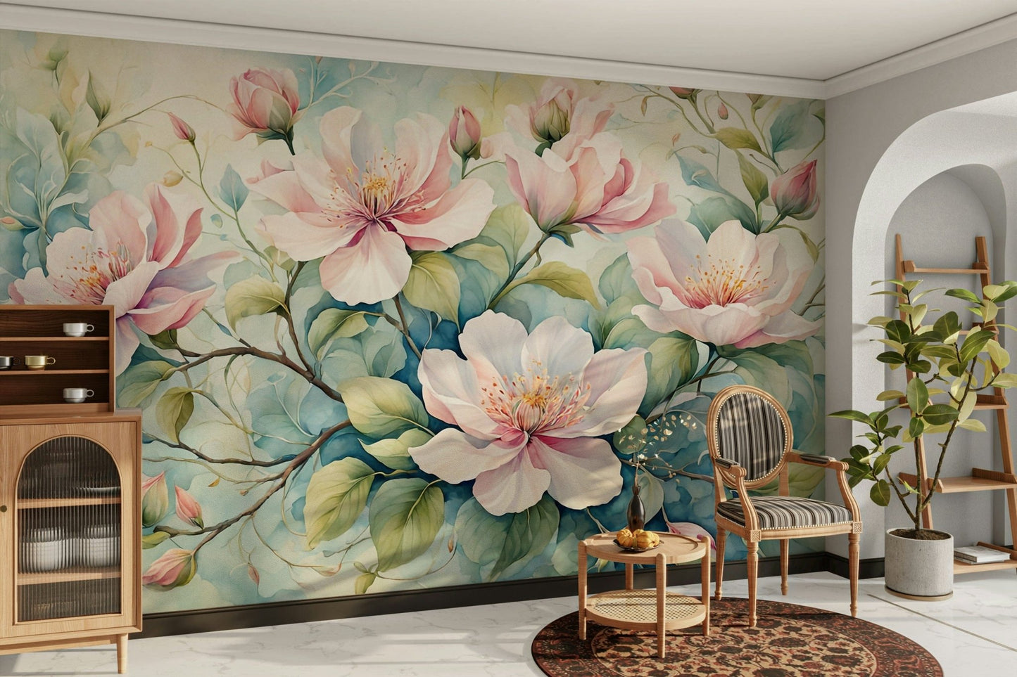 Hallway spaces gain a soft touch using Blushing Blossoms wallpaper patterns