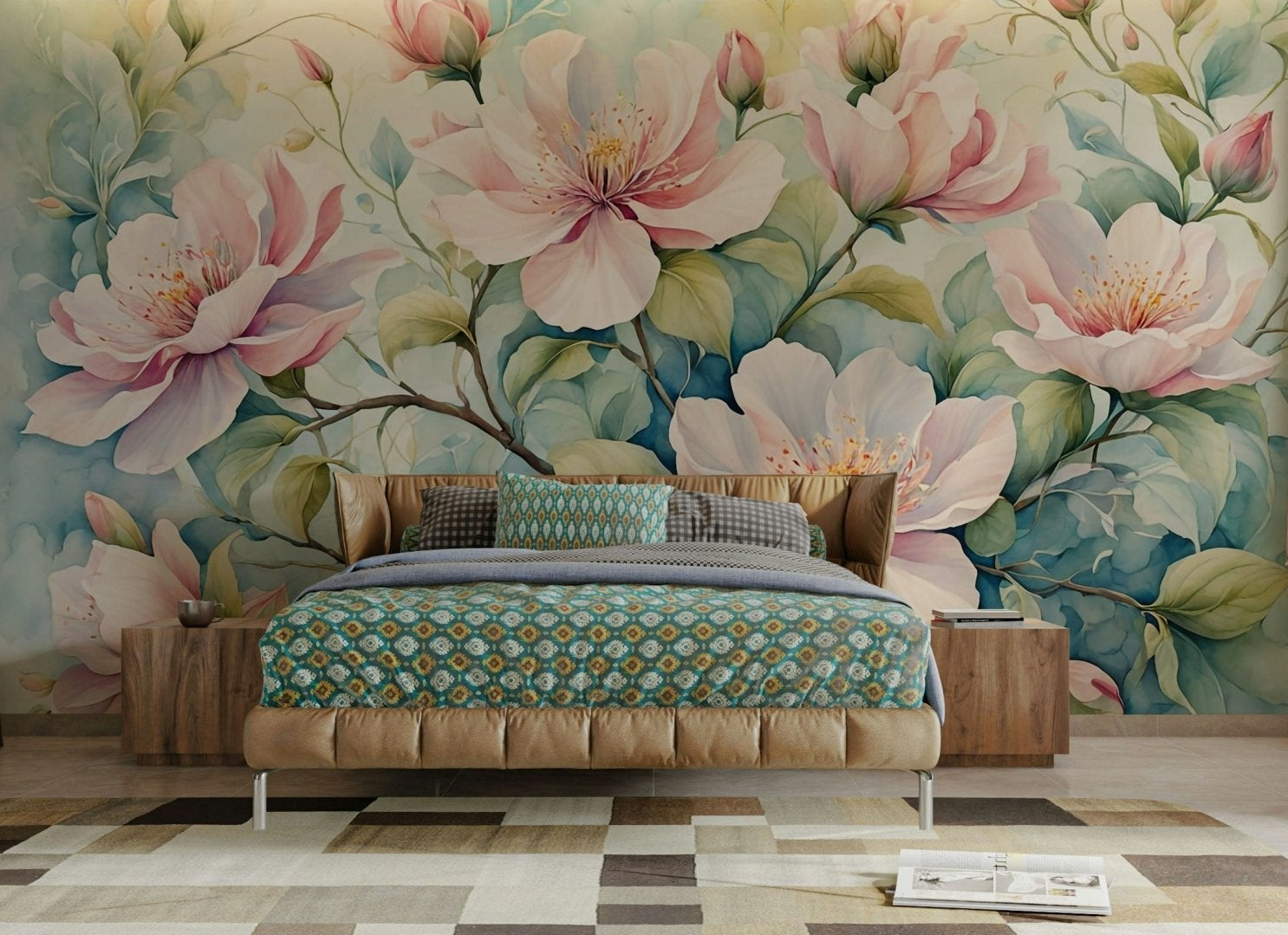 Guest room styling feels welcoming with Blushing Blossoms wallpaper inside