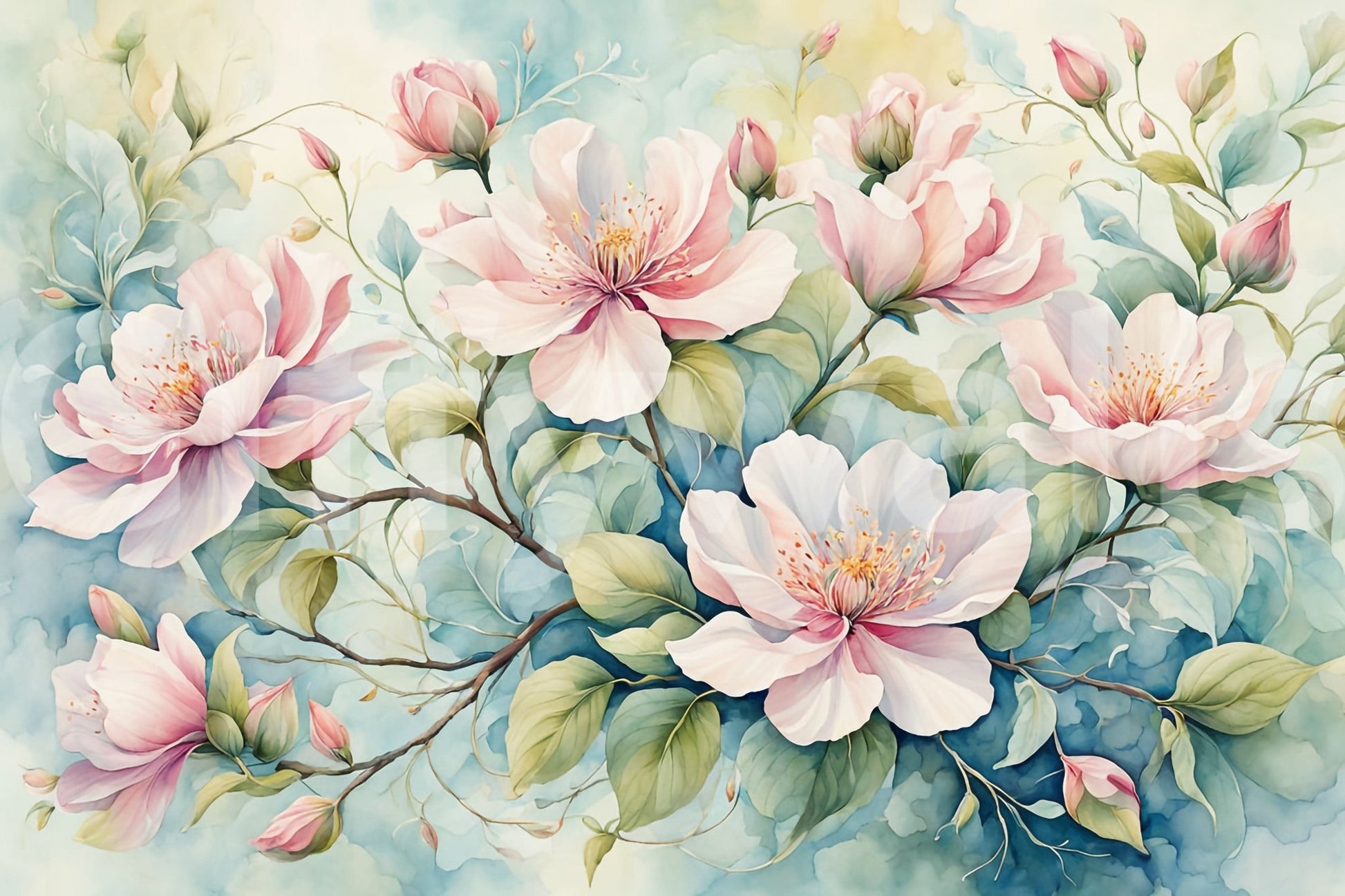 Blushing Blossoms wallpaper showing soft pink flowers with flowing green leaves