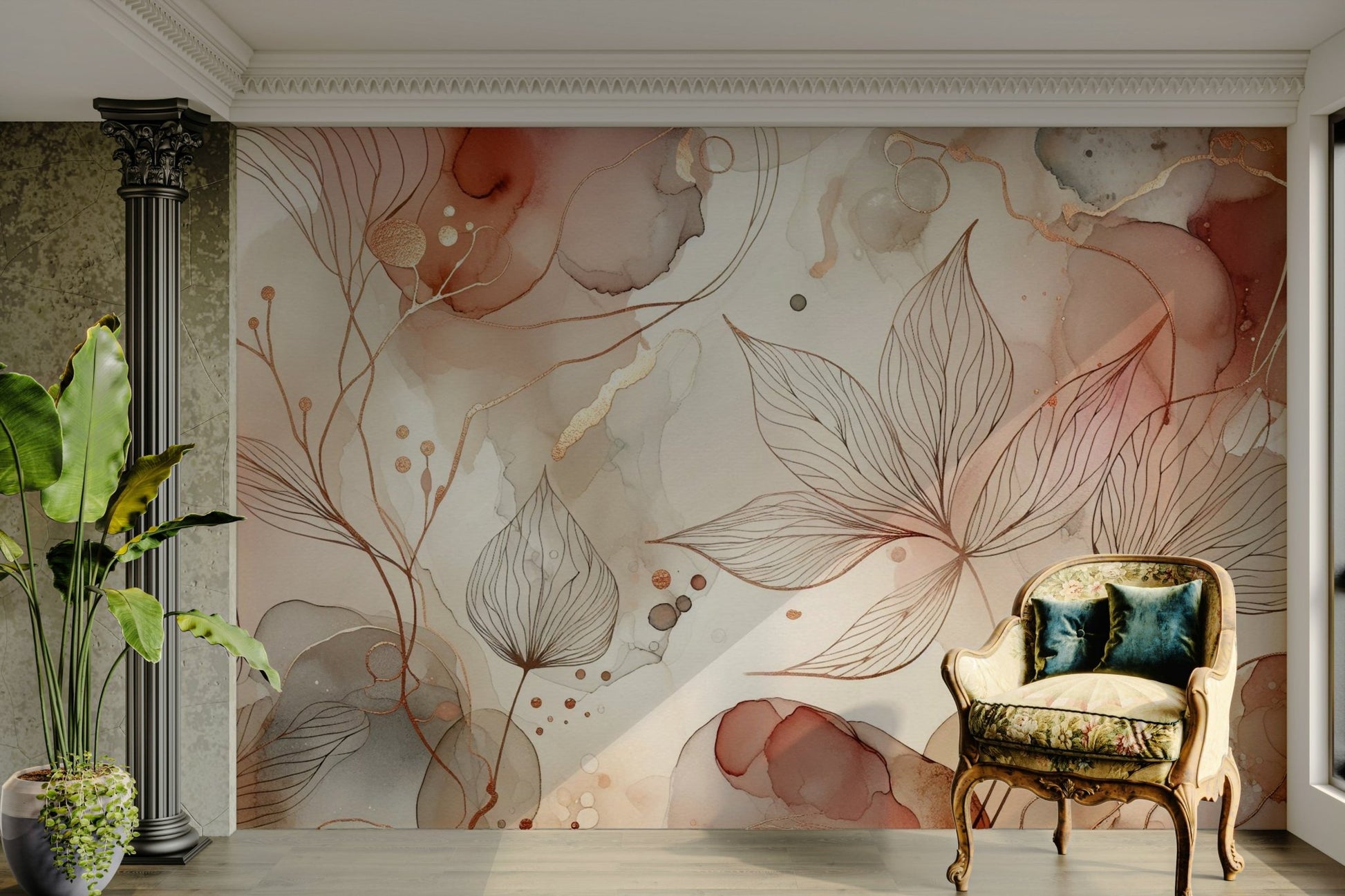 Gentle botanical mural with soft pink flowers

