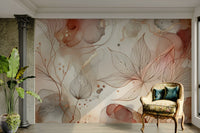 Gentle botanical mural with soft pink flowers

