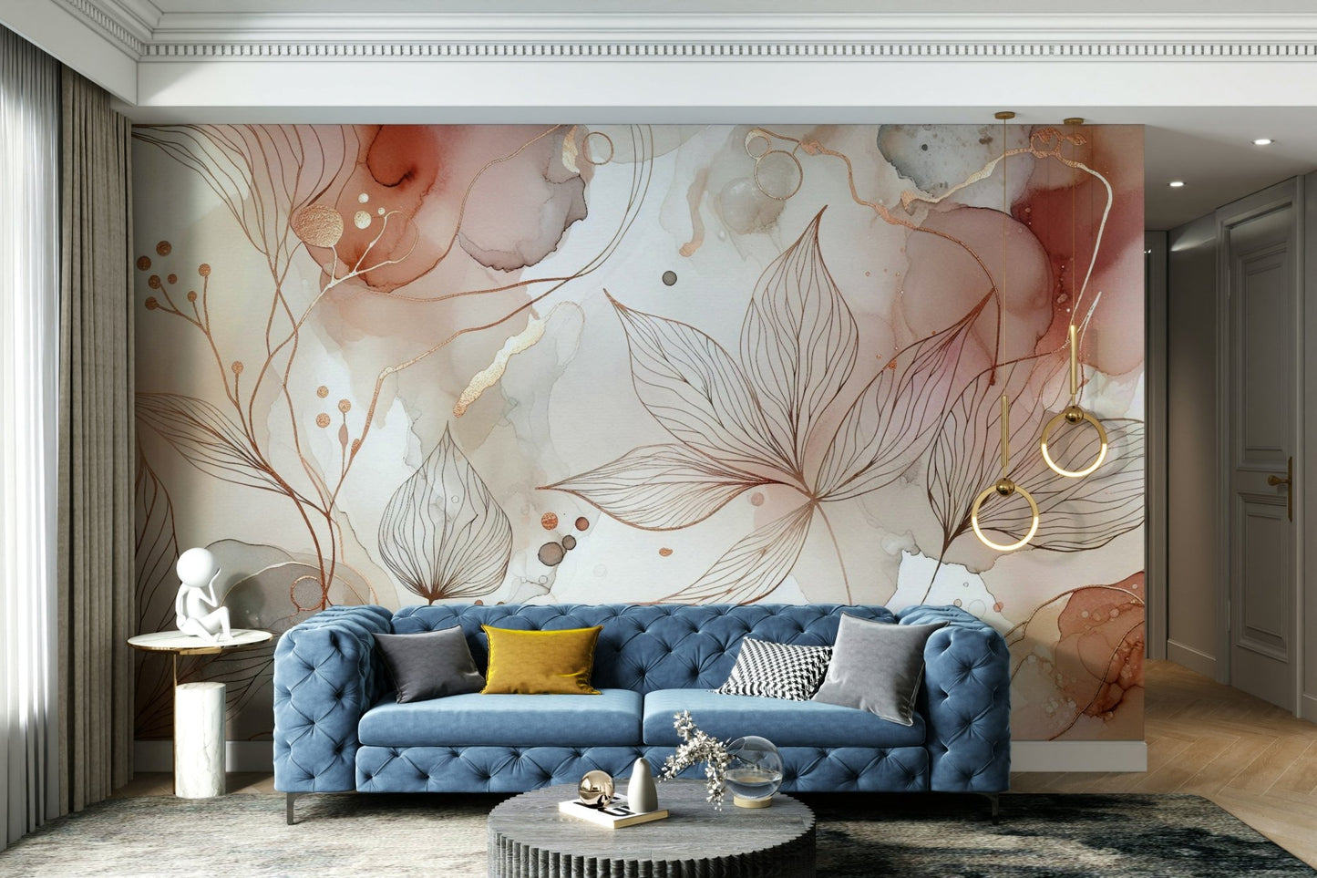Soft pink botanical design wall mural for interiors

